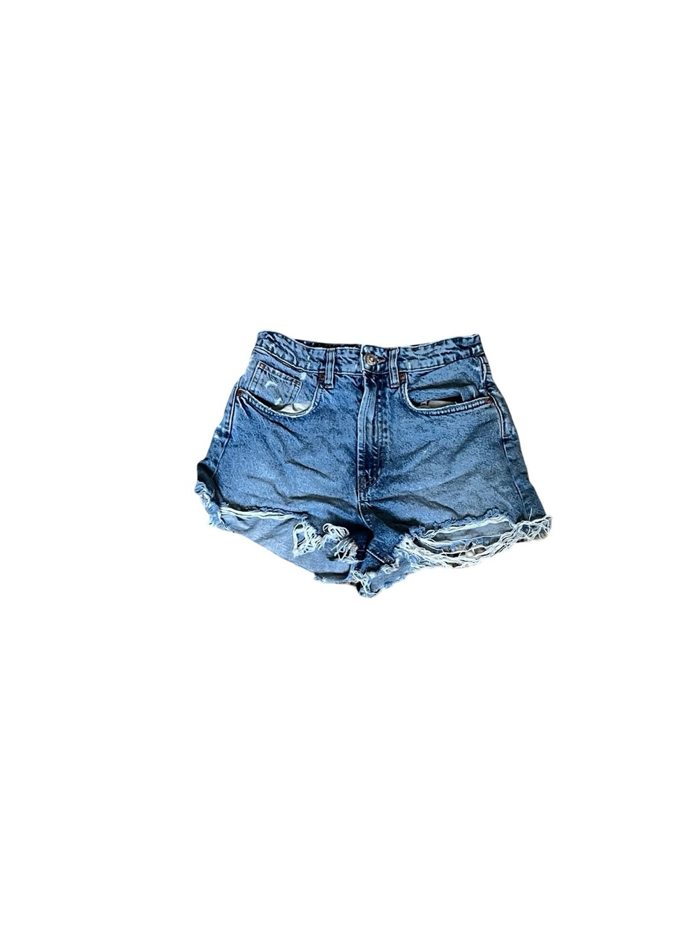 Zara High Rise Distressed Denim Shorts Size 4 | Frayed Raw Hem Festival Summer - Picture 2 of 4